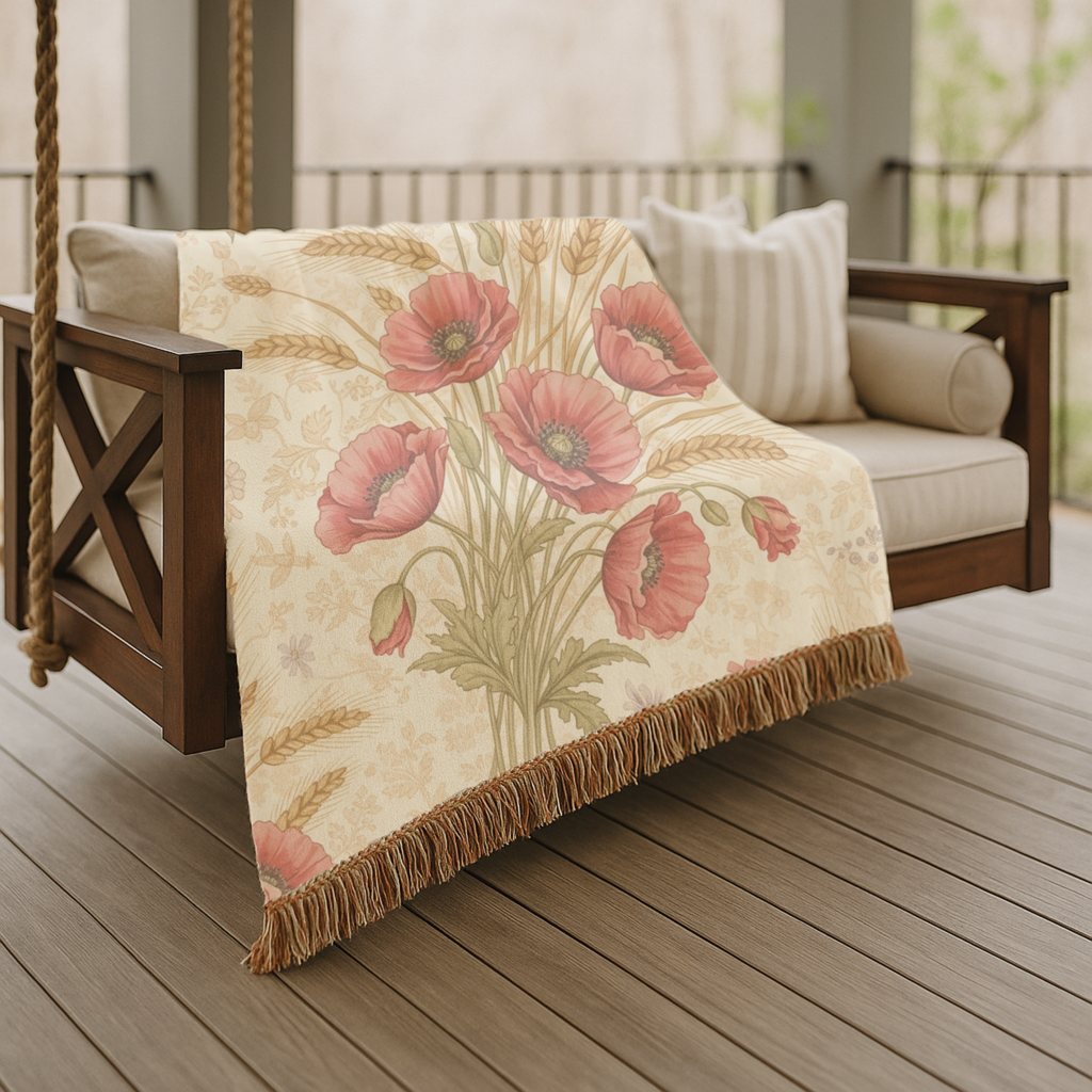 Harvest & Remembrance Throw — 1940s Poppy and Wheat Woven Blanket