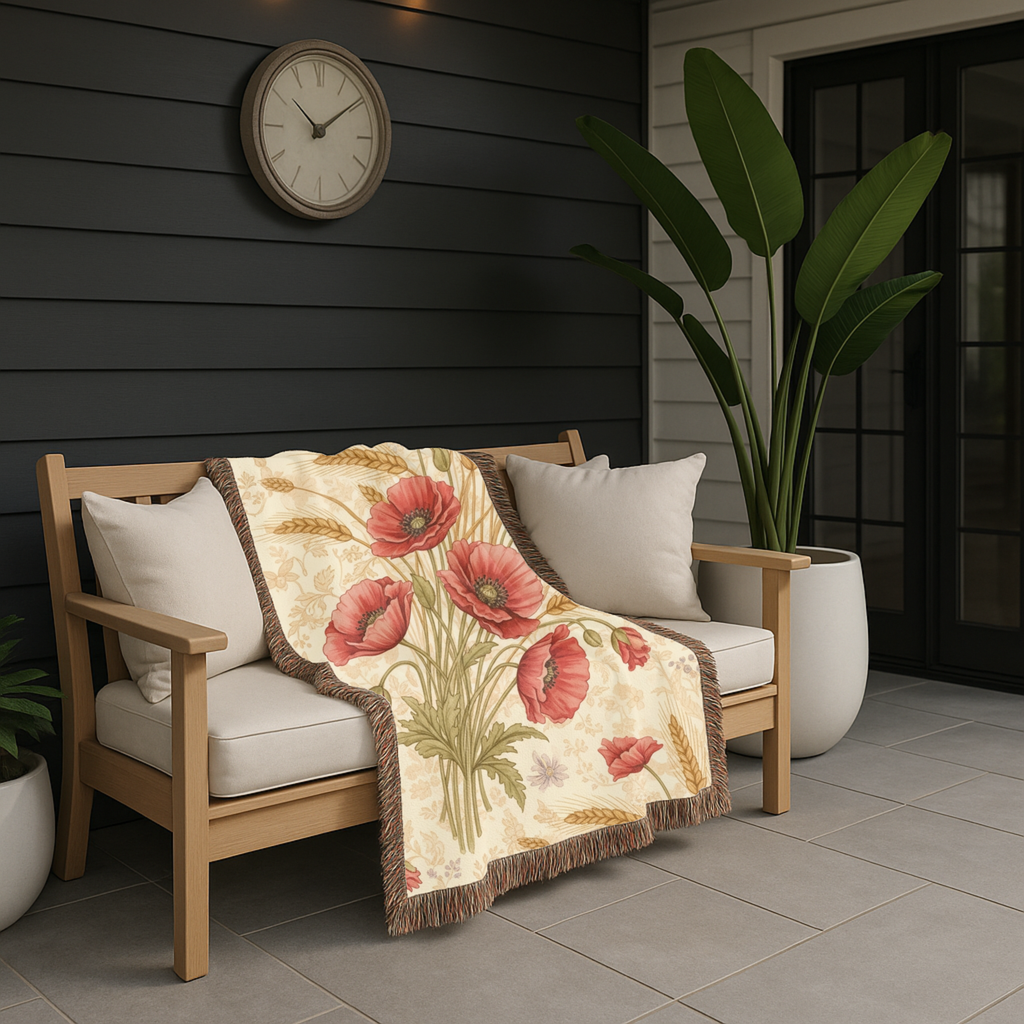 Harvest & Remembrance Throw — 1940s Poppy and Wheat Woven Blanket