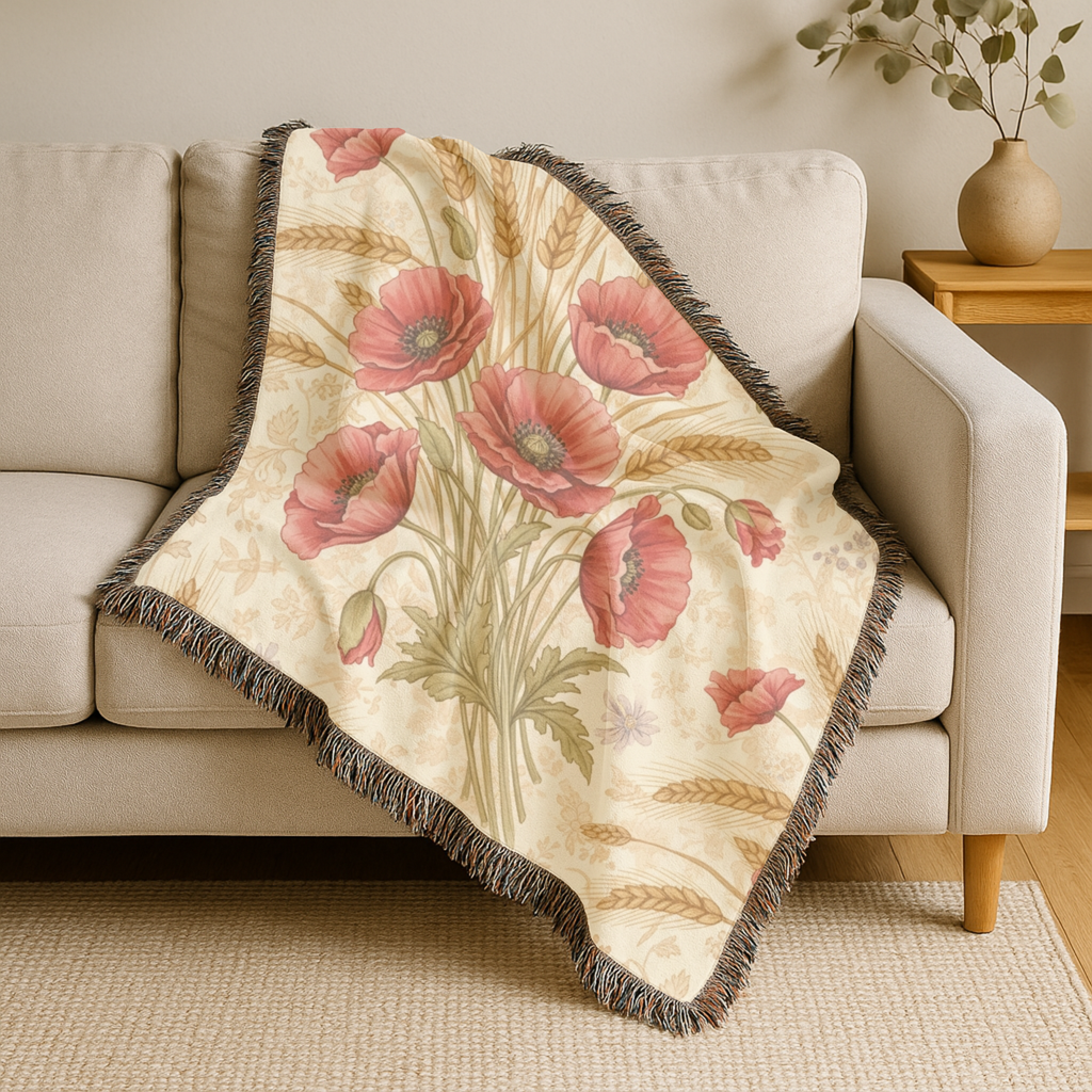 Harvest & Remembrance Throw — 1940s Poppy and Wheat Woven Blanket