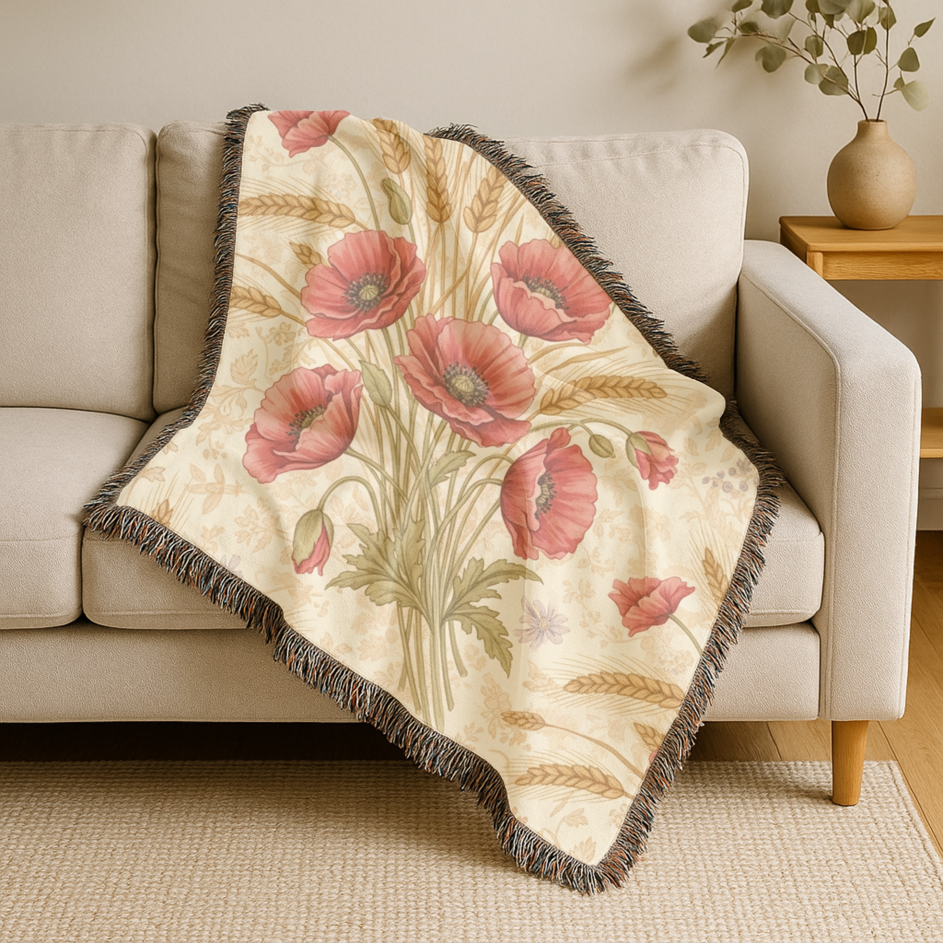 Harvest & Remembrance Throw — 1940s Poppy and Wheat Woven Blanket