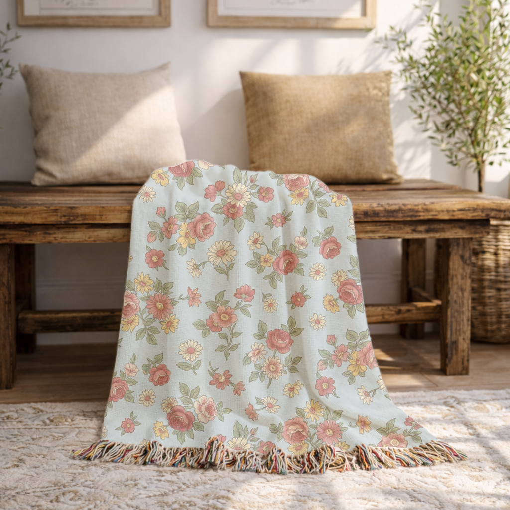 English Garden Throw — 1940s Ditsy Floral Woven Blanket