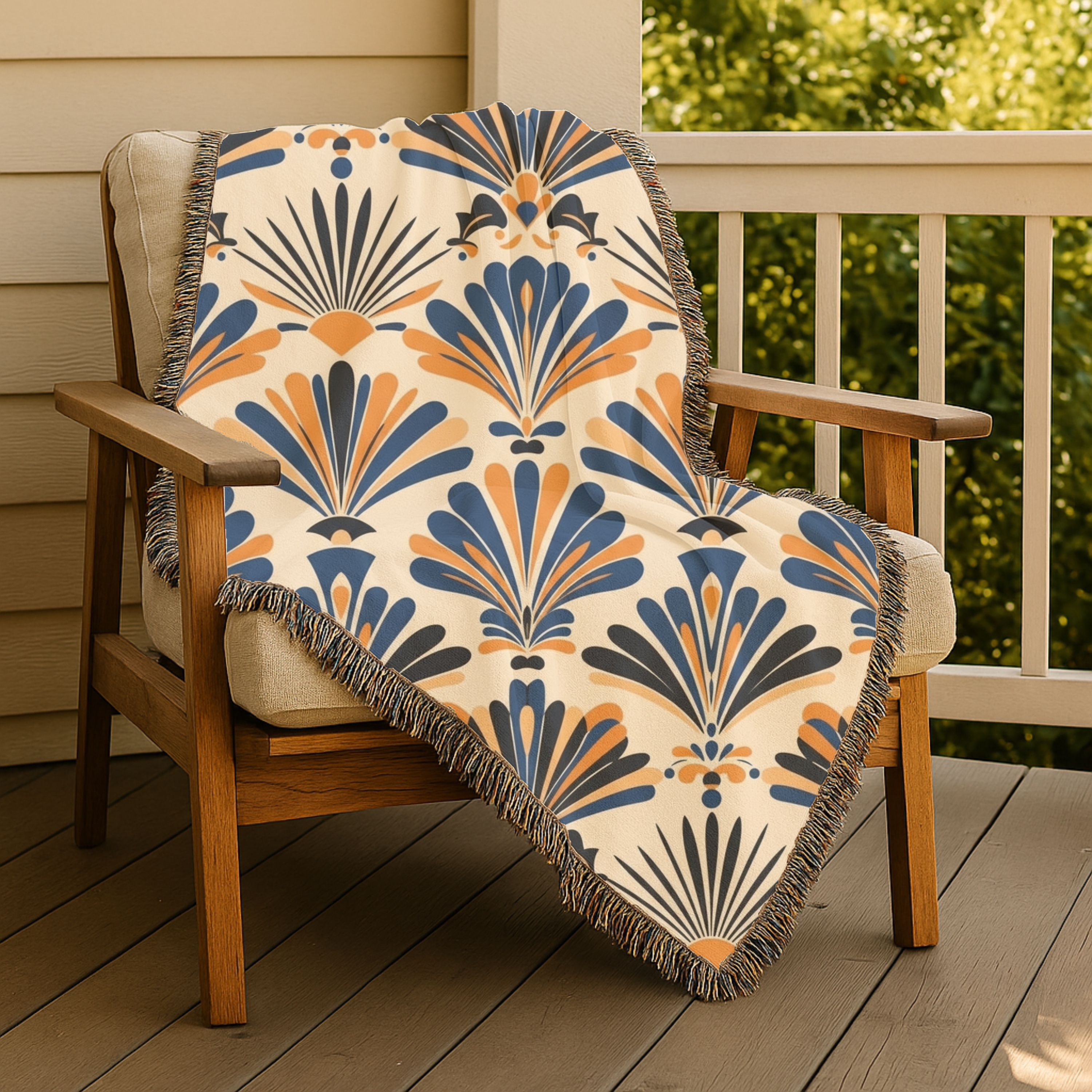 1940s Art Deco Fan Woven Blanket - 1940s Palmette Woven Blanket