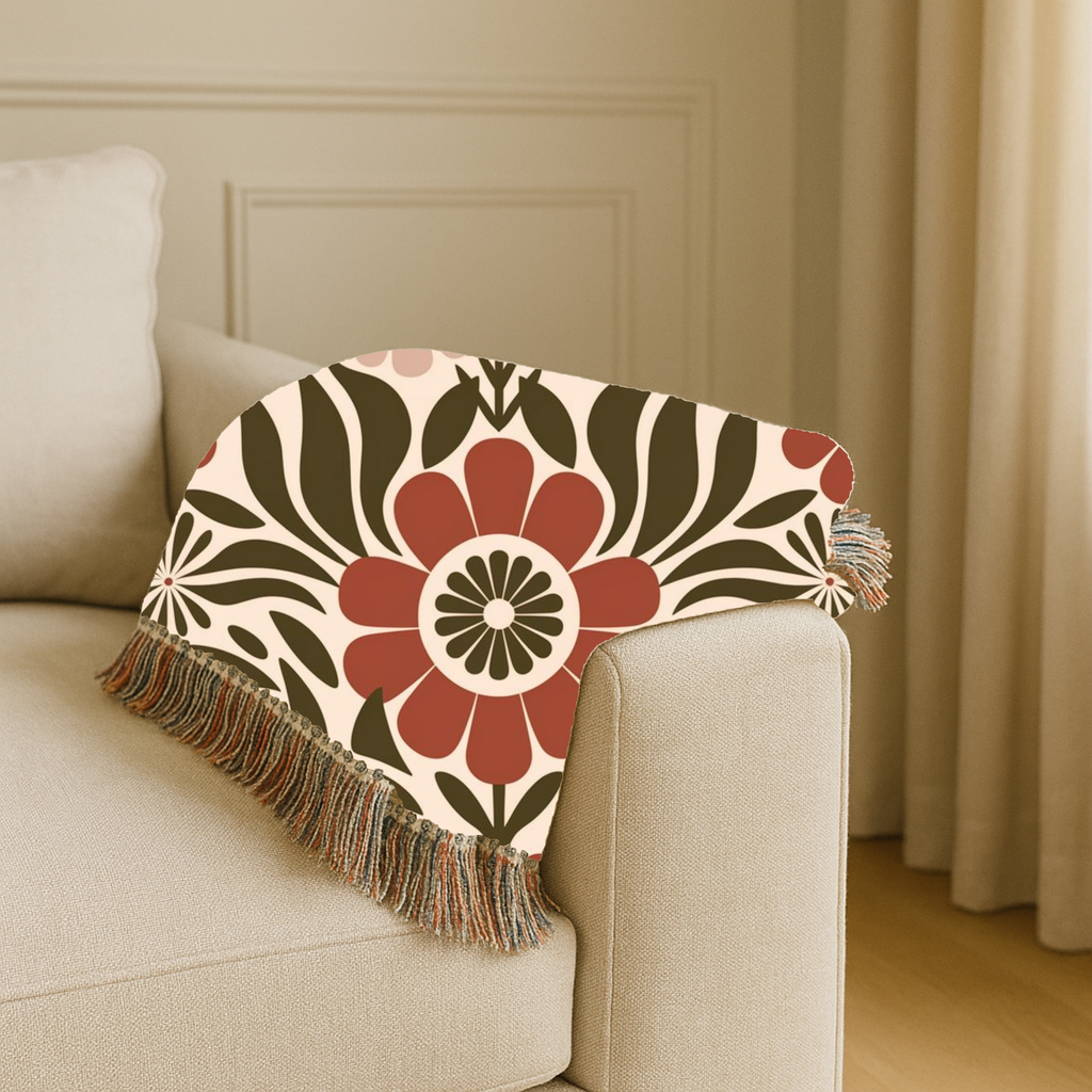 🌺  Folk Garden Throw — 1970s Botanical Folk Woven Blanket