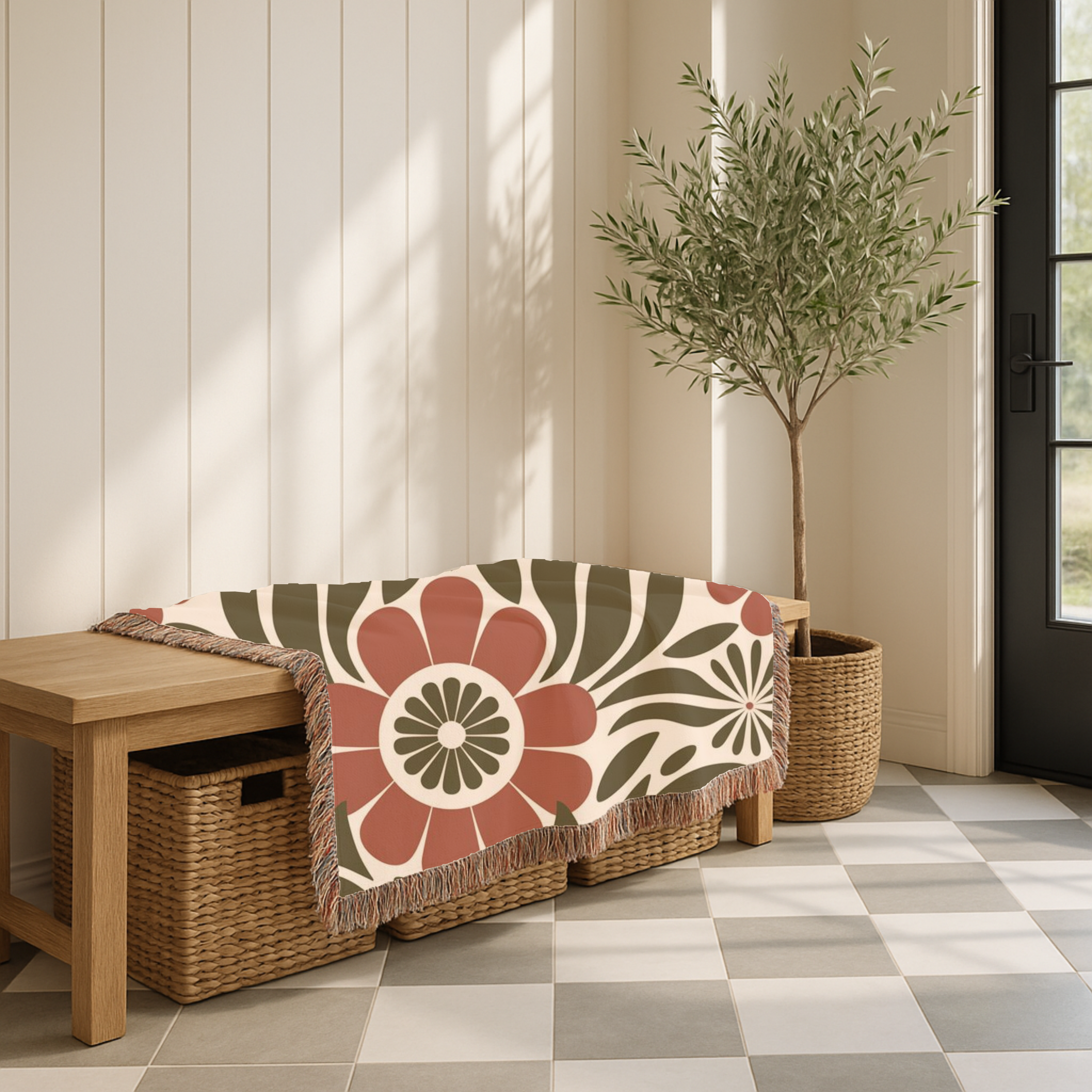 🌺  Folk Garden Throw — 1970s Botanical Folk Woven Blanket