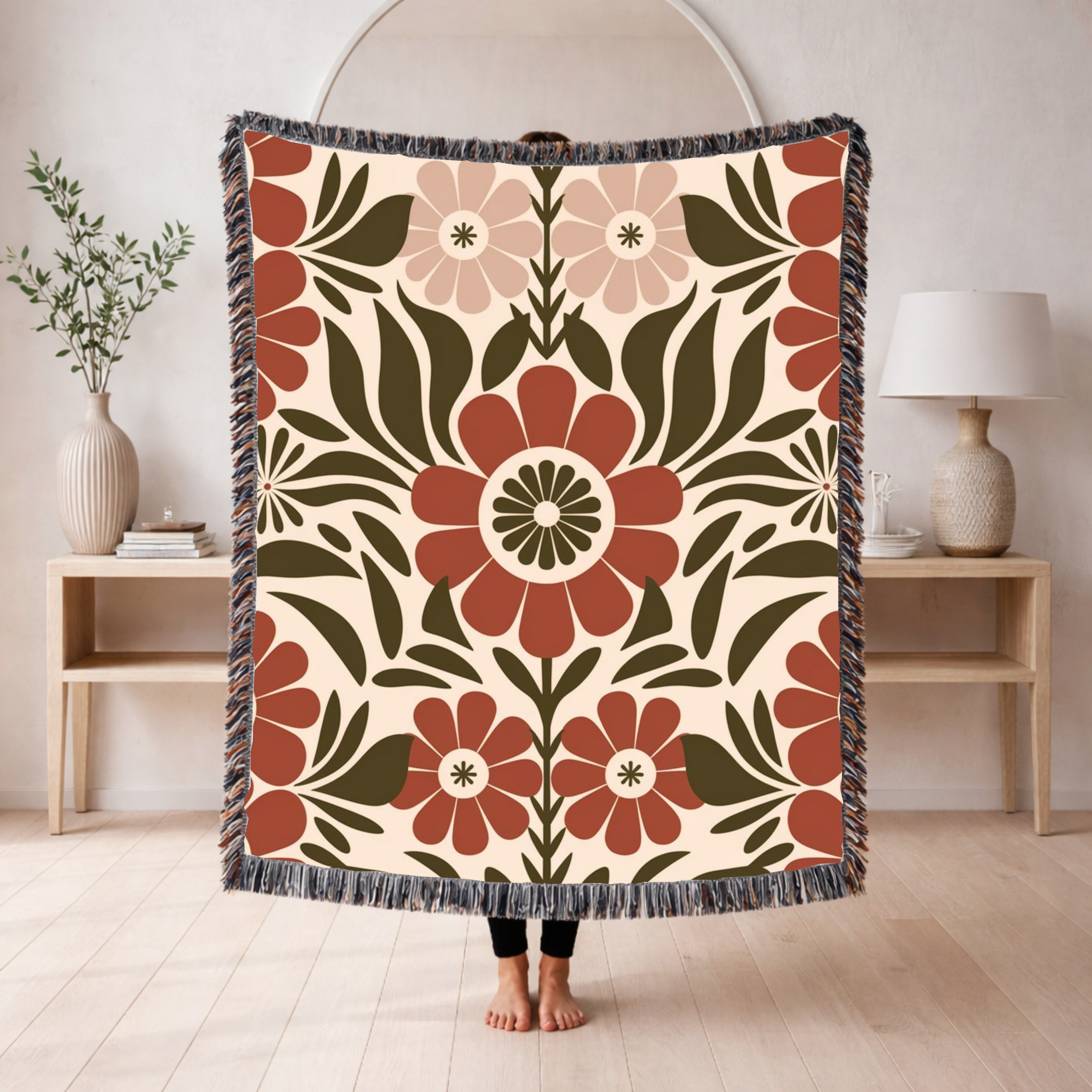 🌺  Folk Garden Throw — 1970s Botanical Folk Woven Blanket