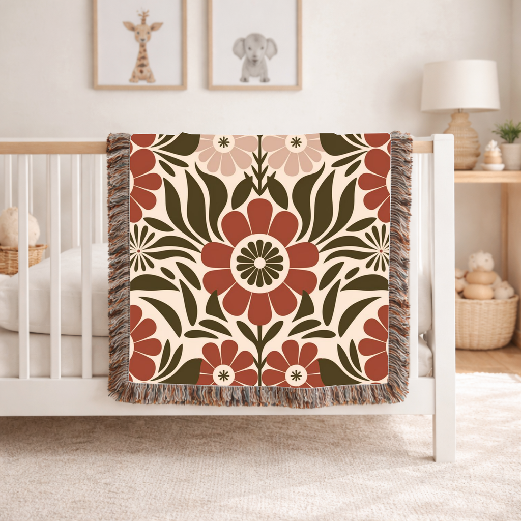 🌺  Folk Garden Throw — 1970s Botanical Folk Woven Blanket