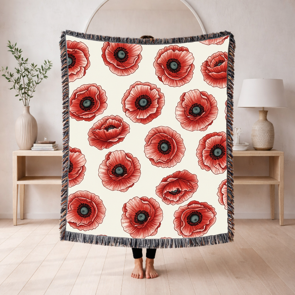 Victory Poppy Throw — 1940s Bold Graphic Woven Blanket