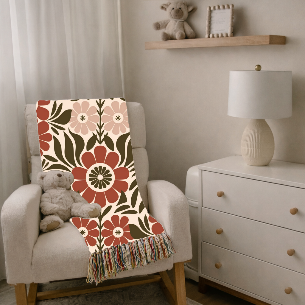 🌺  Folk Garden Throw — 1970s Botanical Folk Woven Blanket