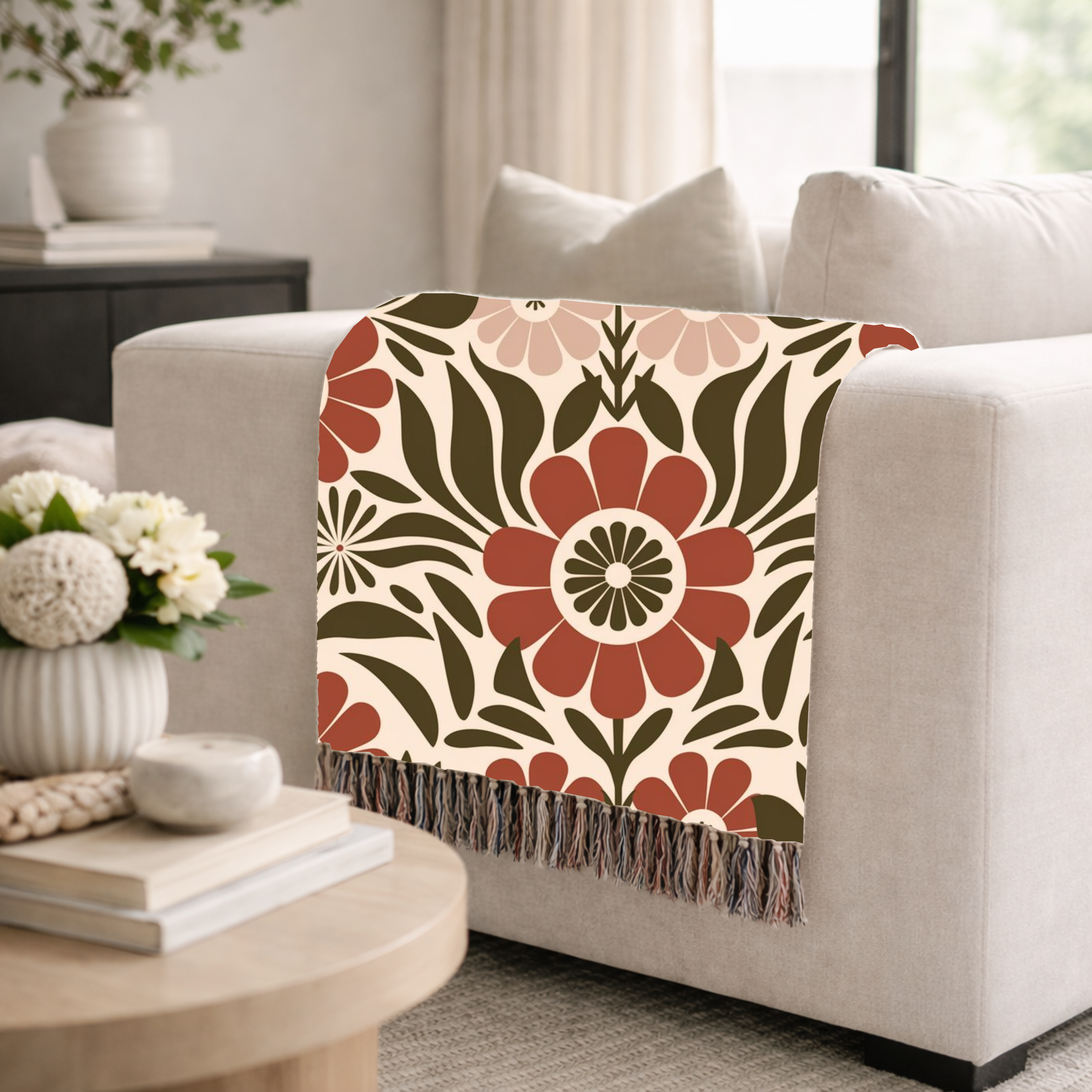 🌺  Folk Garden Throw — 1970s Botanical Folk Woven Blanket