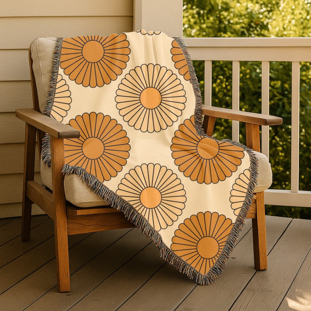 Amber Sun Throw — 1970s Tonal Chrysanthemum Woven Blanket