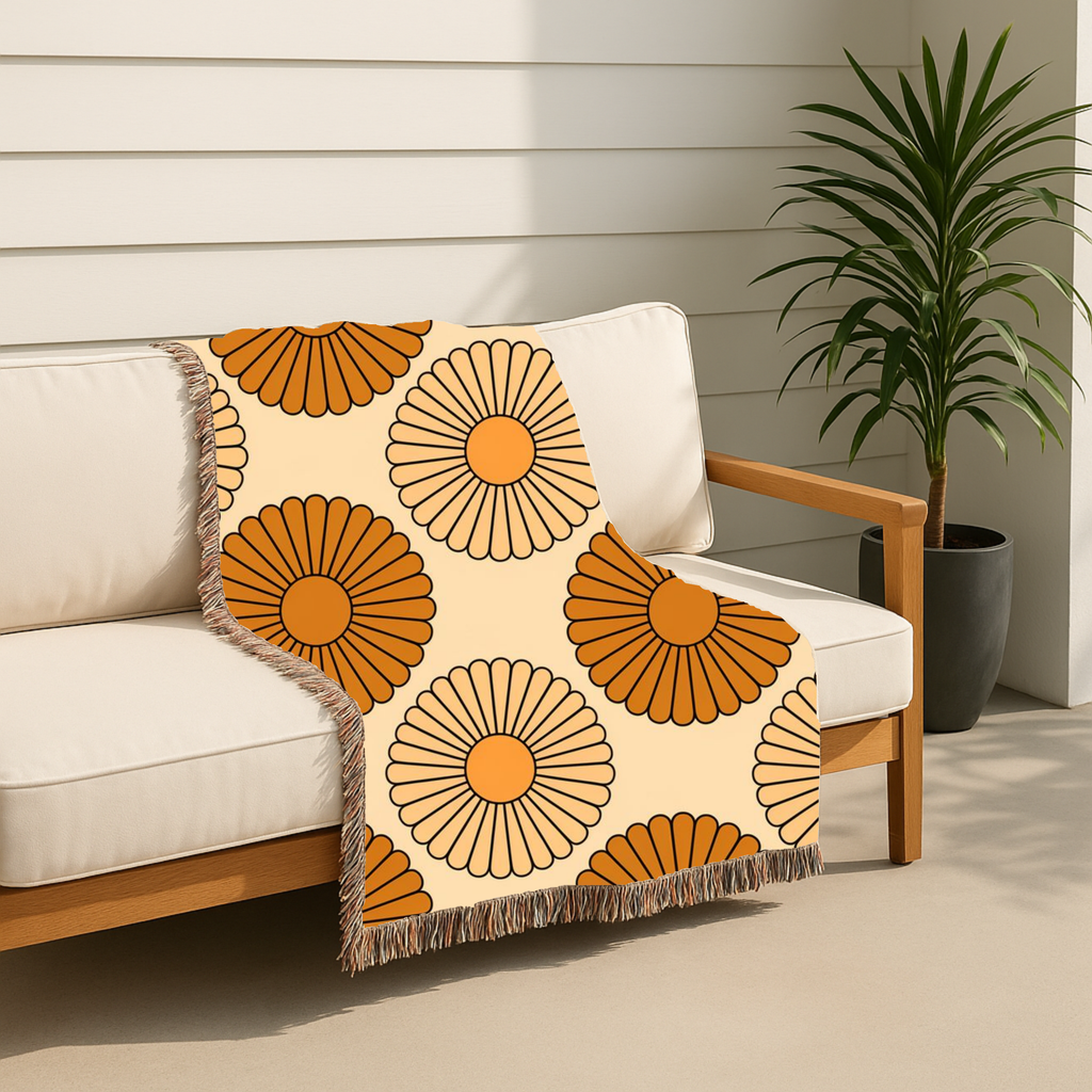 Amber Sun Throw — 1970s Tonal Chrysanthemum Woven Blanket