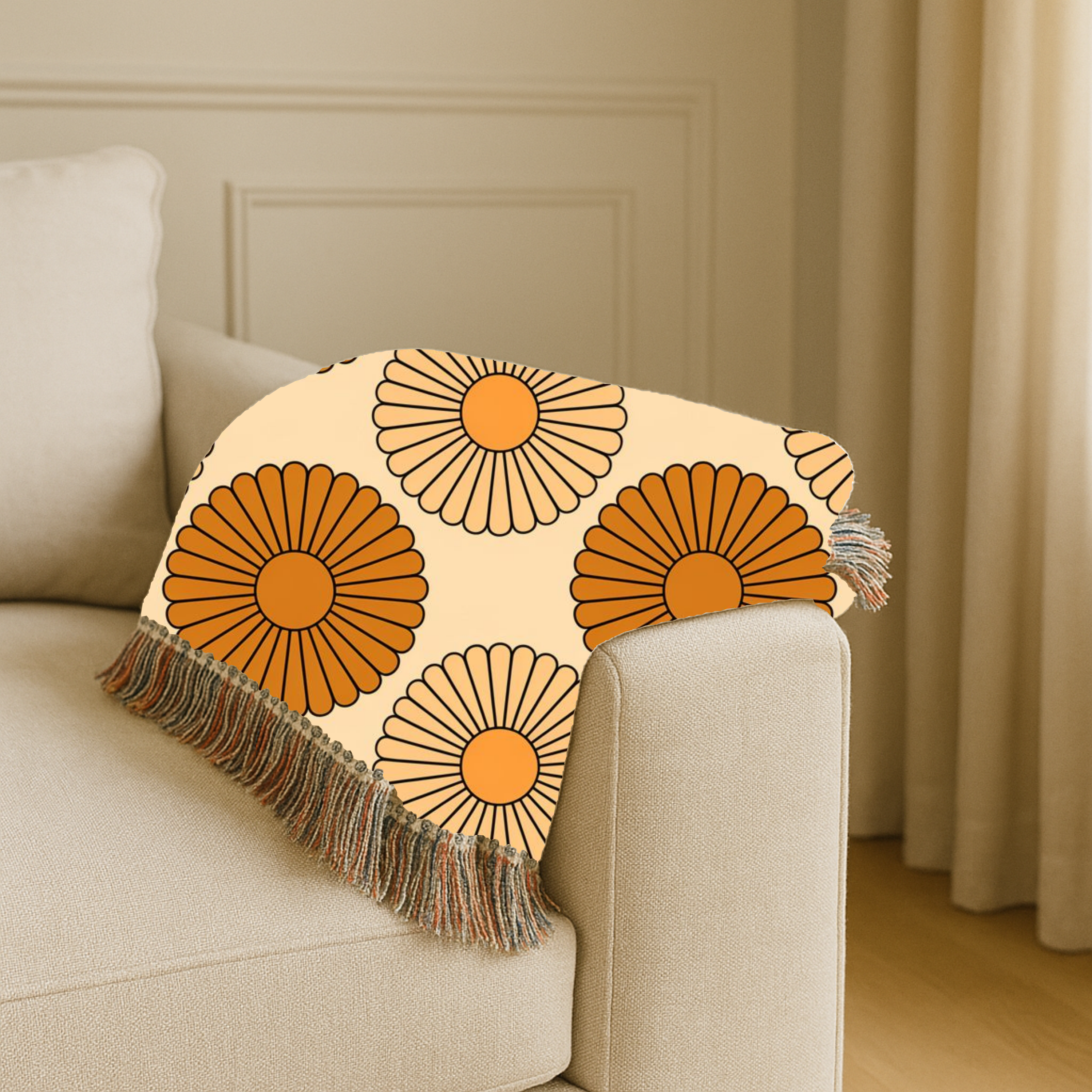 Amber Sun Throw — 1970s Tonal Chrysanthemum Woven Blanket