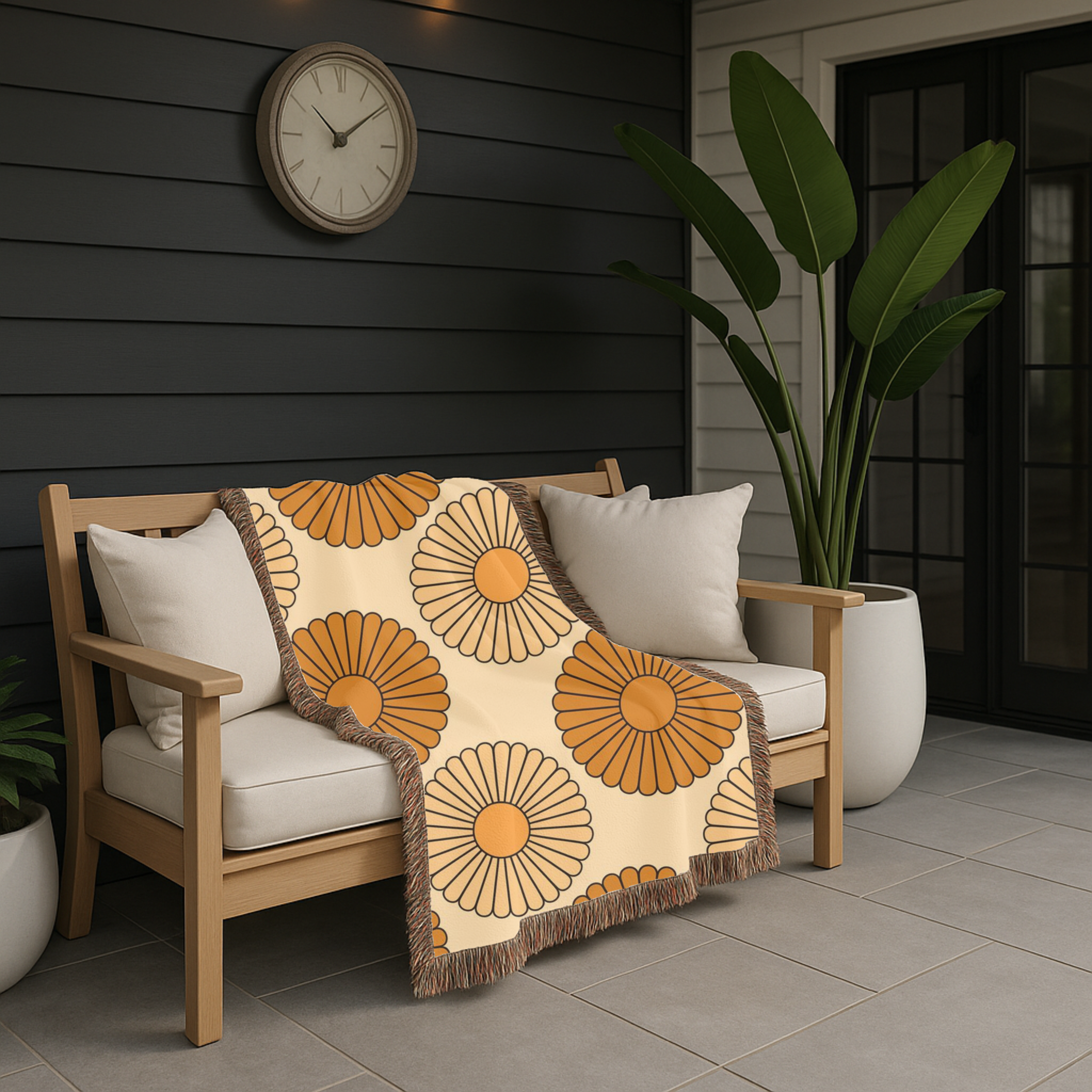 Amber Sun Throw — 1970s Tonal Chrysanthemum Woven Blanket