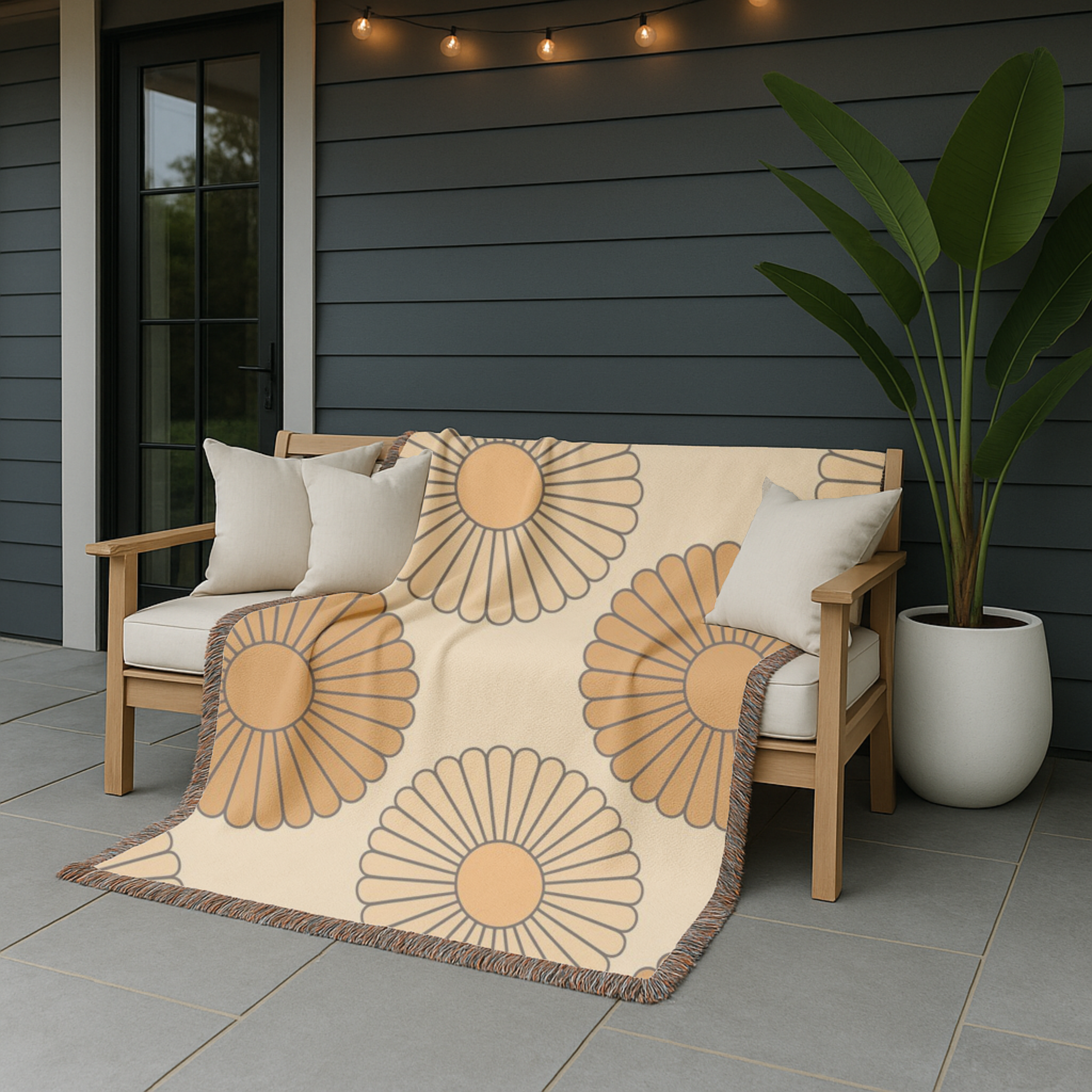 Amber Sun Throw — 1970s Tonal Chrysanthemum Woven Blanket