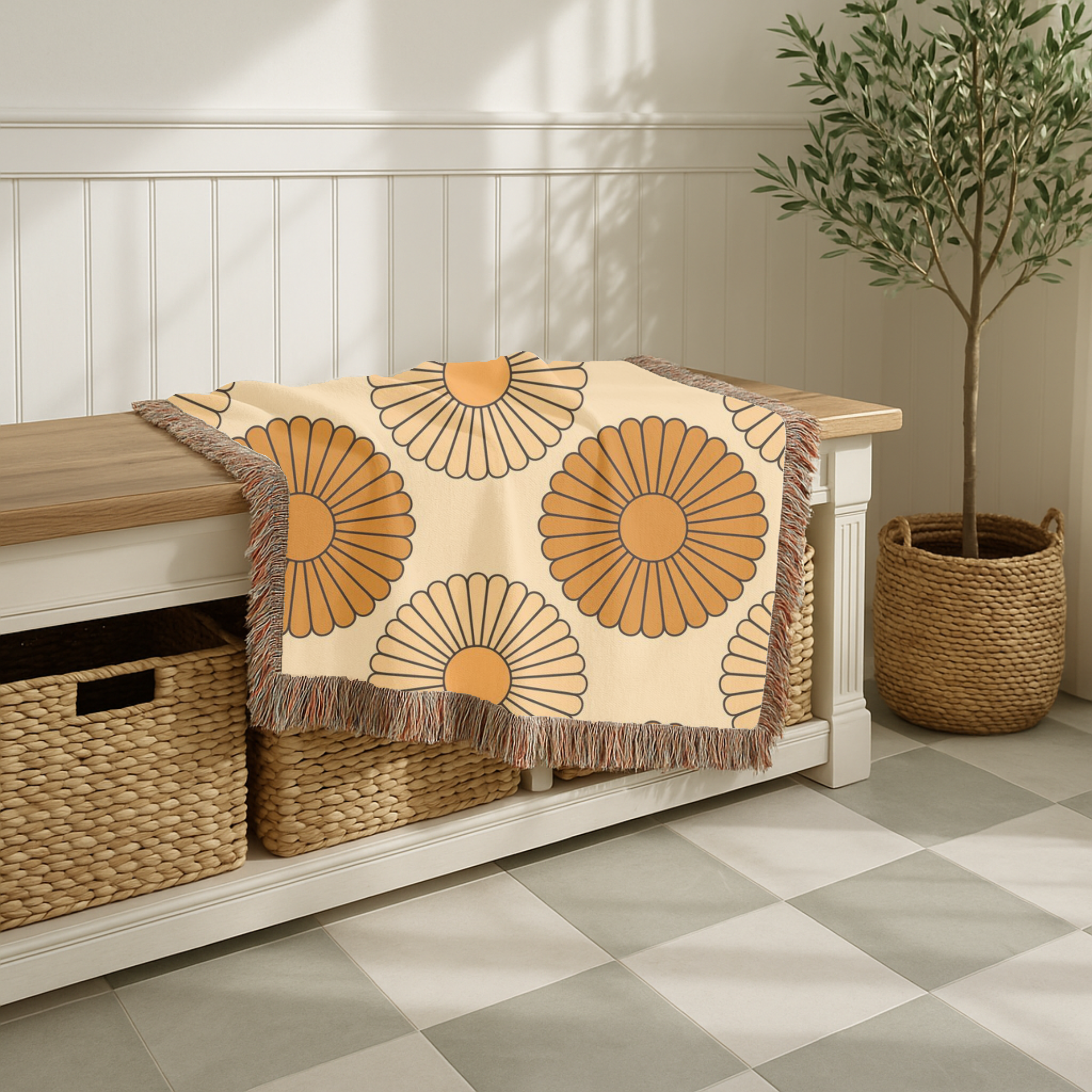 Amber Sun Throw — 1970s Tonal Chrysanthemum Woven Blanket