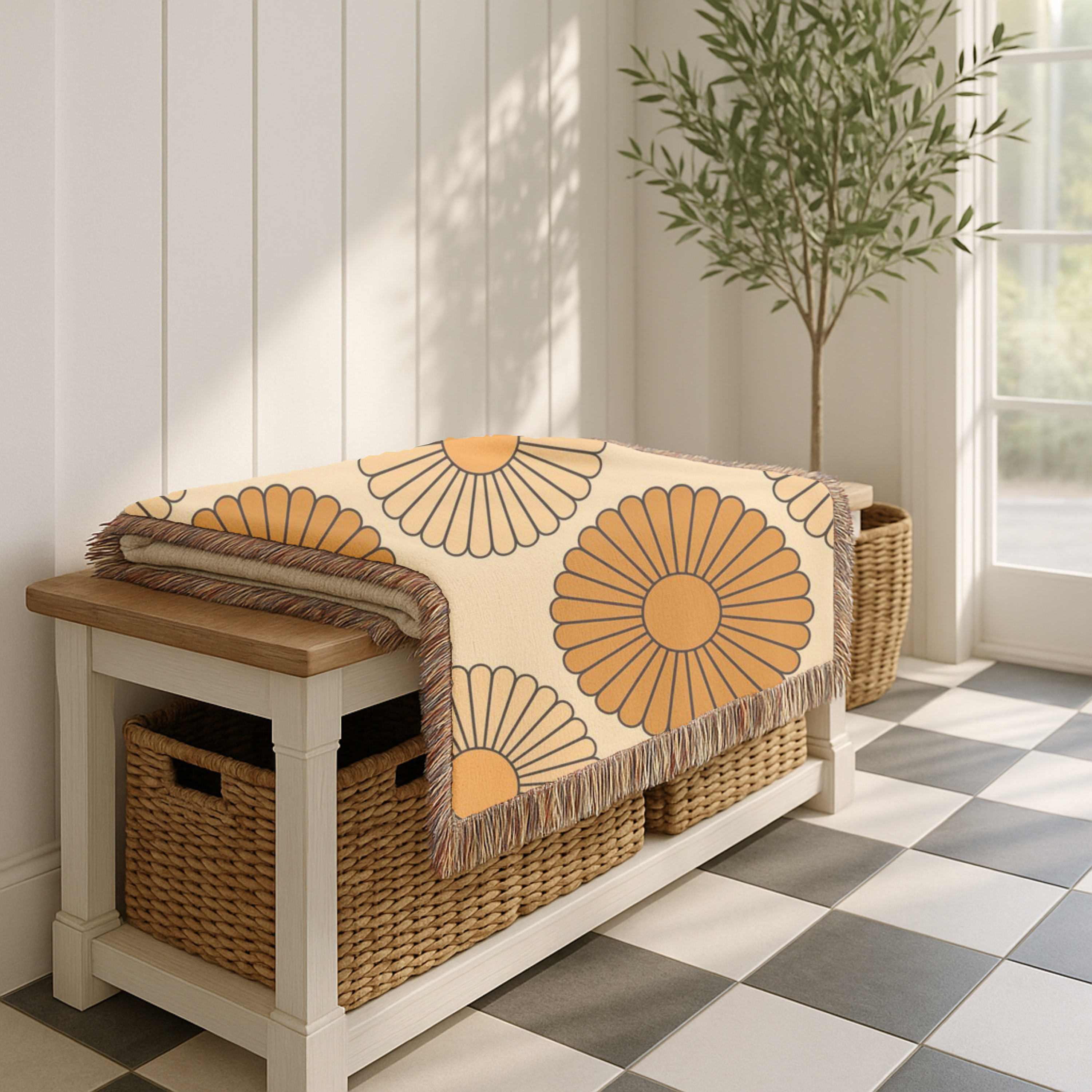 Amber Sun Throw — 1970s Tonal Chrysanthemum Woven Blanket