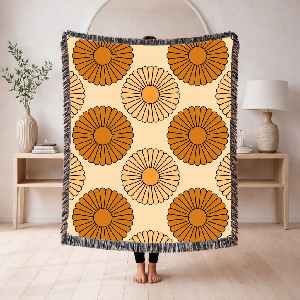 Amber Sun Throw — 1970s Tonal Chrysanthemum Woven Blanket