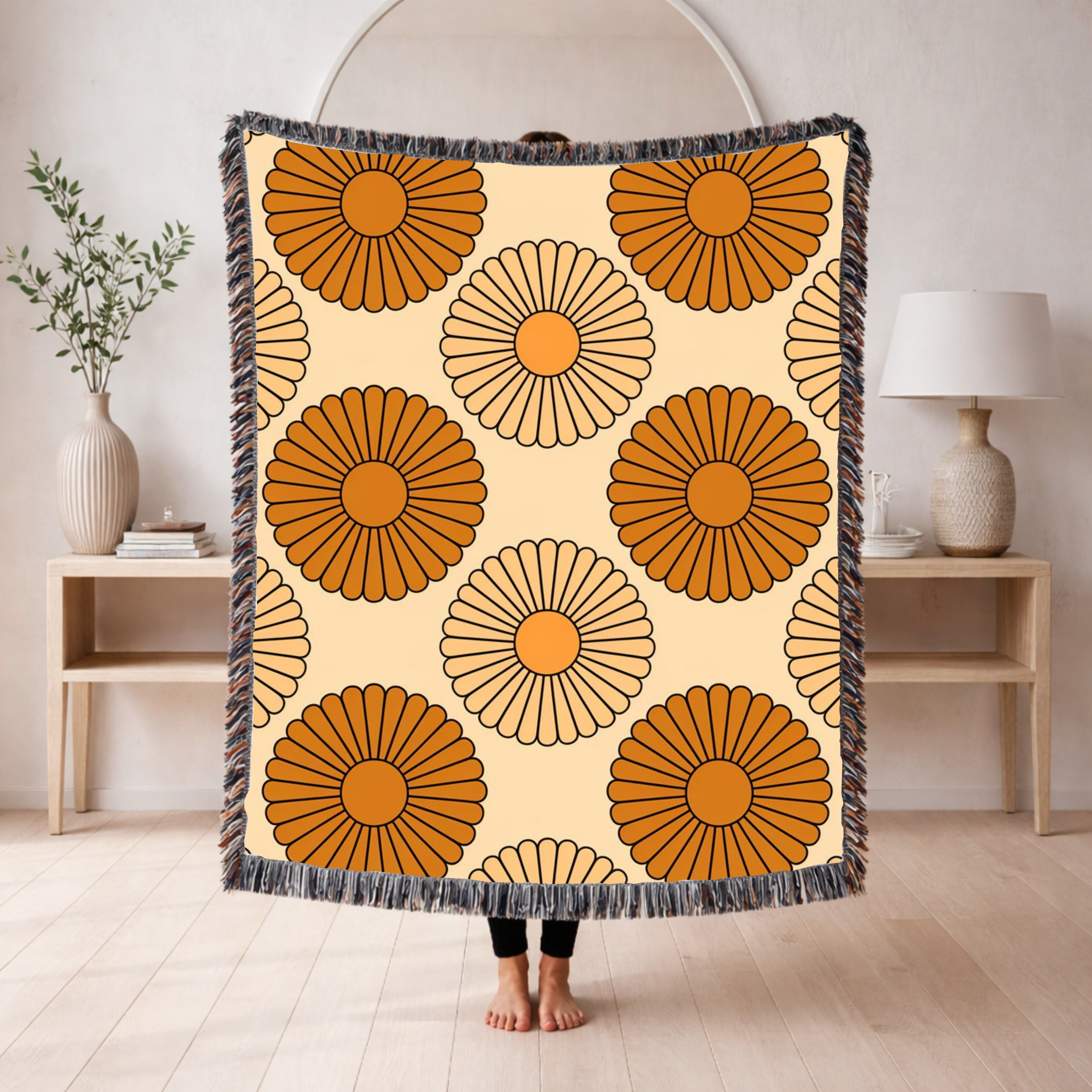 Amber Sun Throw — 1970s Tonal Chrysanthemum Woven Blanket