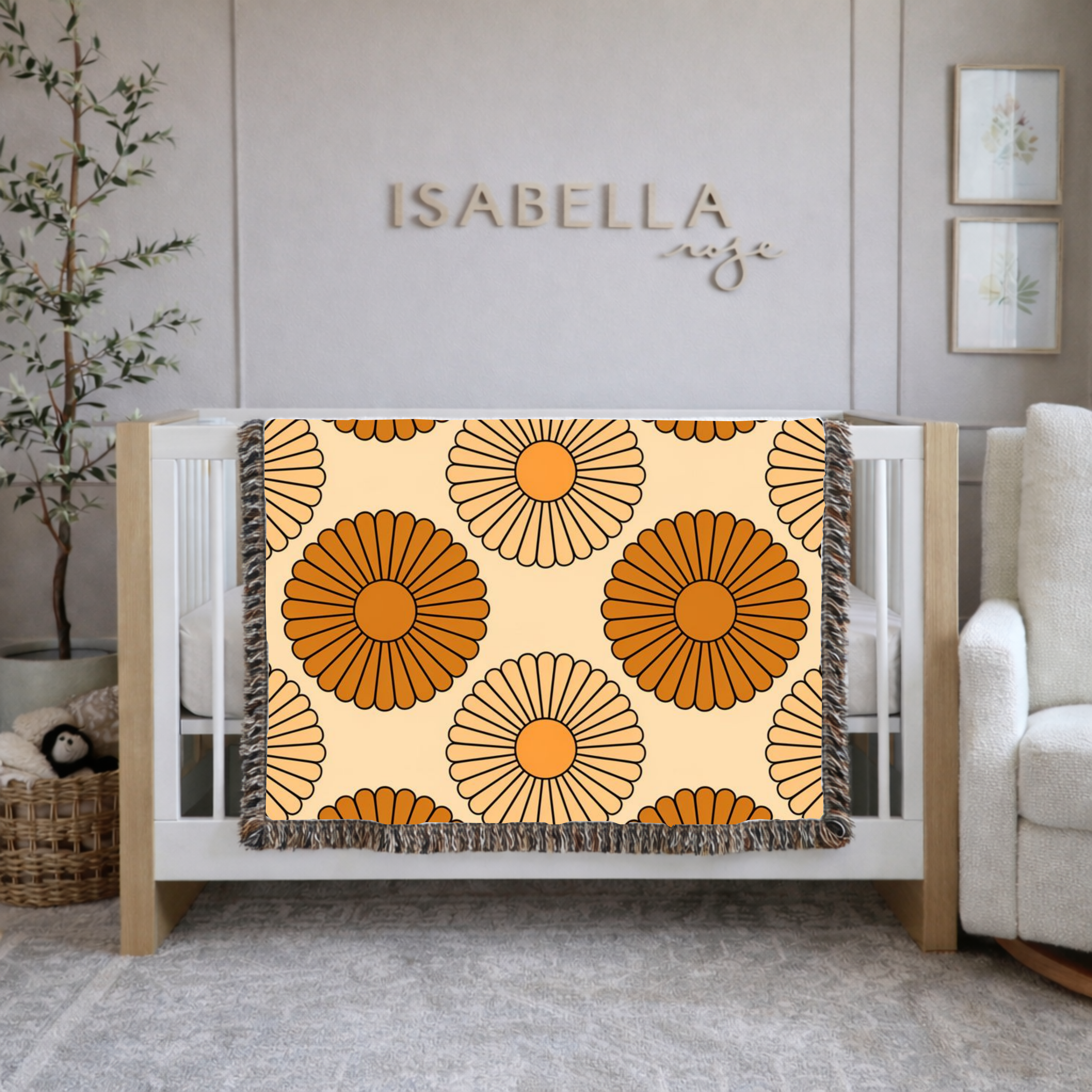Amber Sun Throw — 1970s Tonal Chrysanthemum Woven Blanket