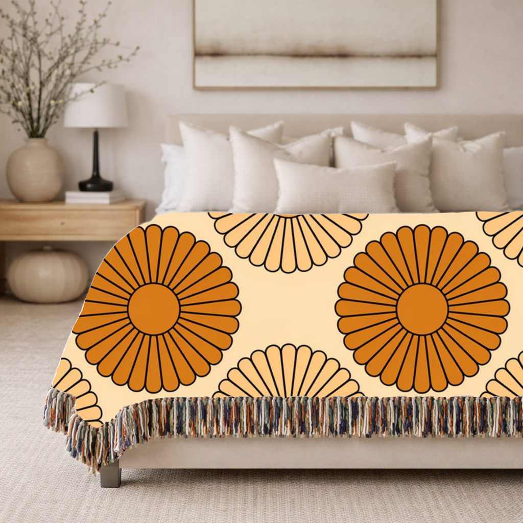 Amber Sun Throw — 1970s Tonal Chrysanthemum Woven Blanket