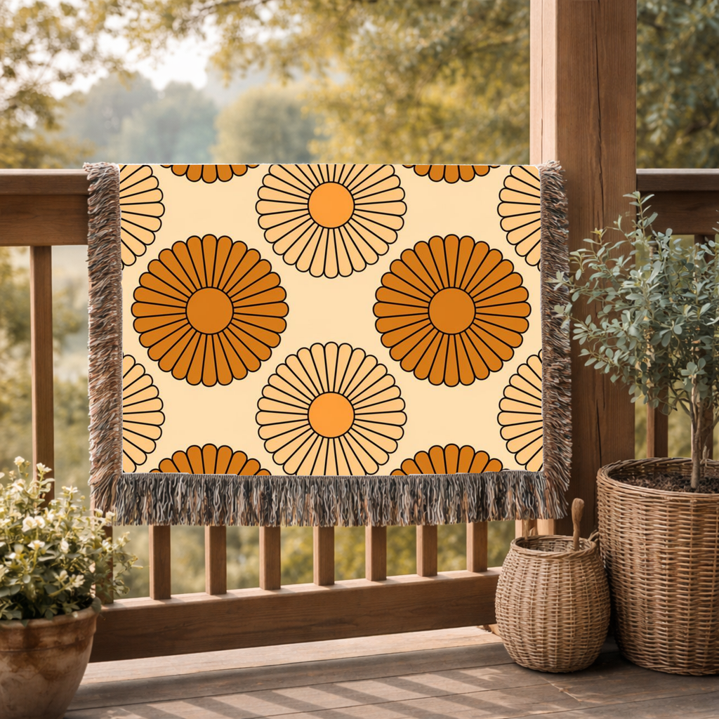 Amber Sun Throw — 1970s Tonal Chrysanthemum Woven Blanket
