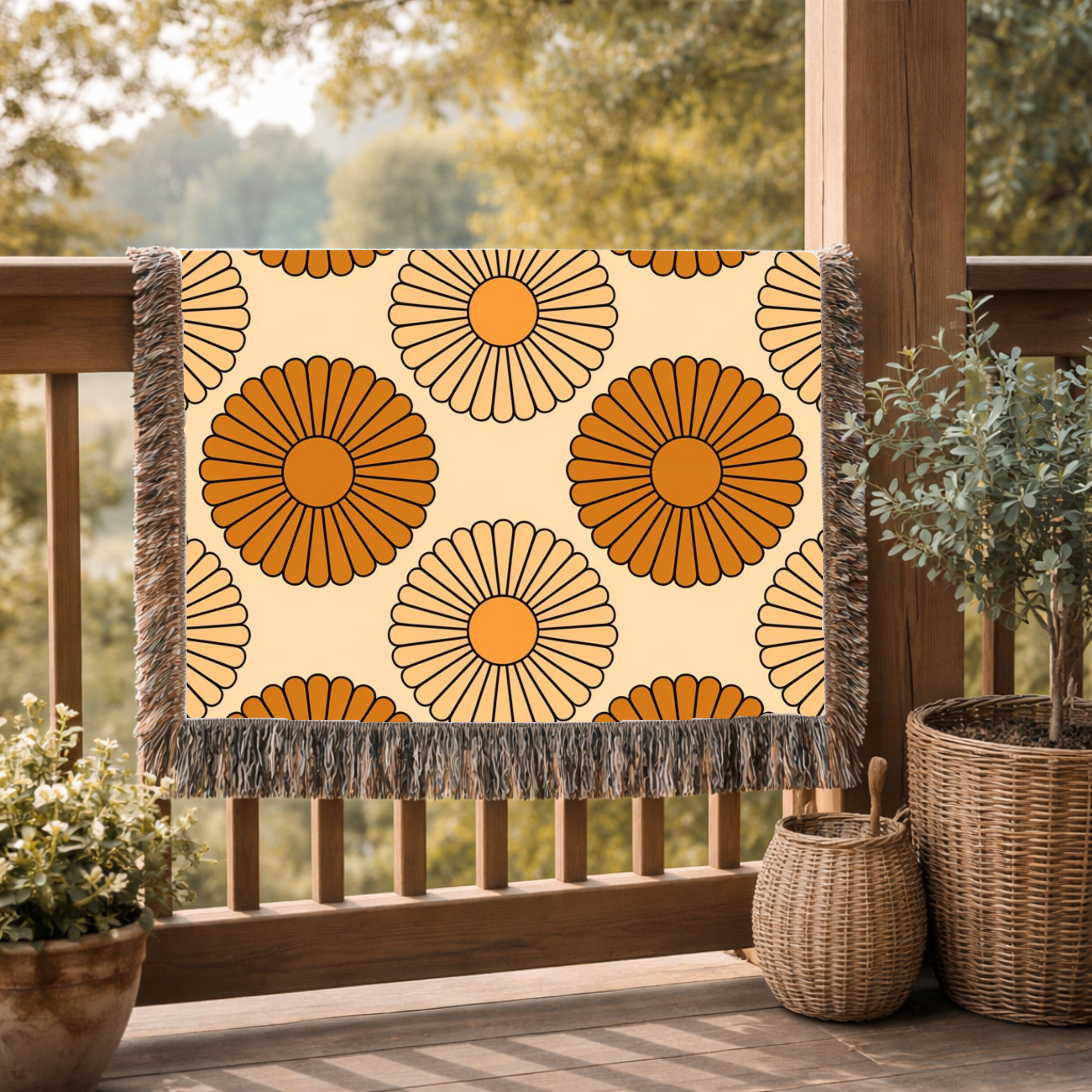 Amber Sun Throw — 1970s Tonal Chrysanthemum Woven Blanket