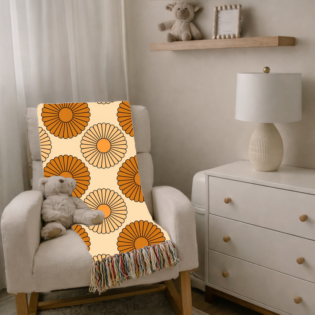 Amber Sun Throw — 1970s Tonal Chrysanthemum Woven Blanket