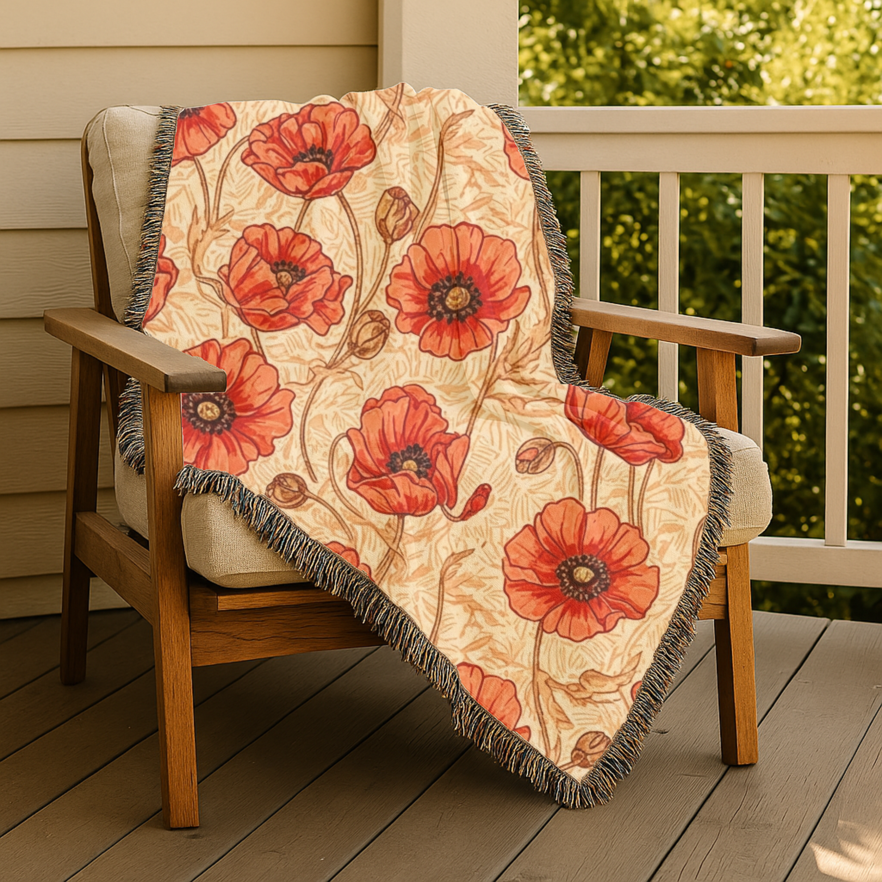 1940s Crimson Poppy Field Woven Blanket - 1940s Bold Graphic Woven Blanket
