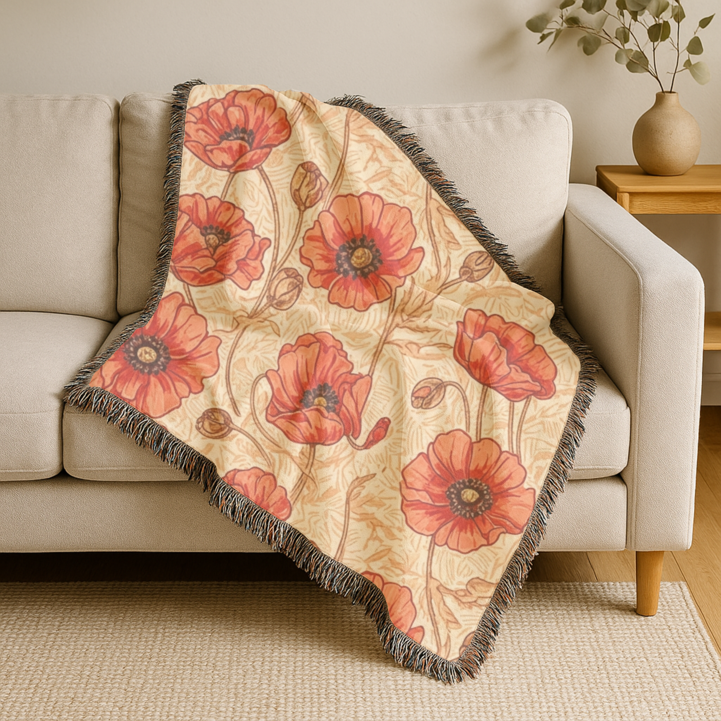 1940s Crimson Poppy Field Woven Blanket - 1940s Bold Graphic Woven Blanket