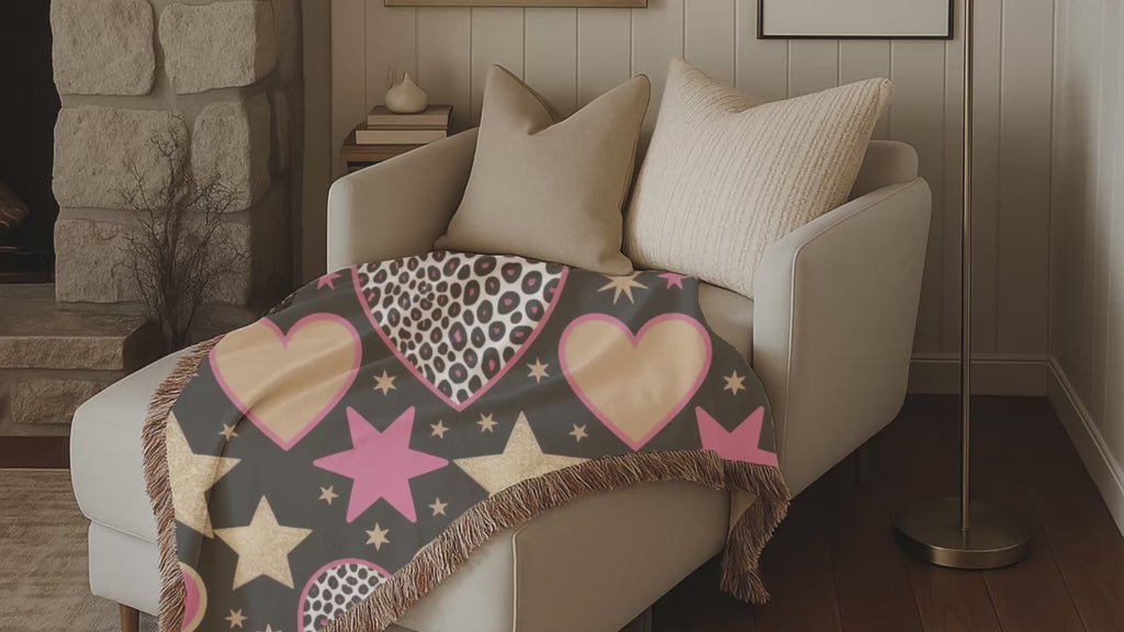Girl Power Throw — 1990s Leopard Heart & Star Woven Blanket