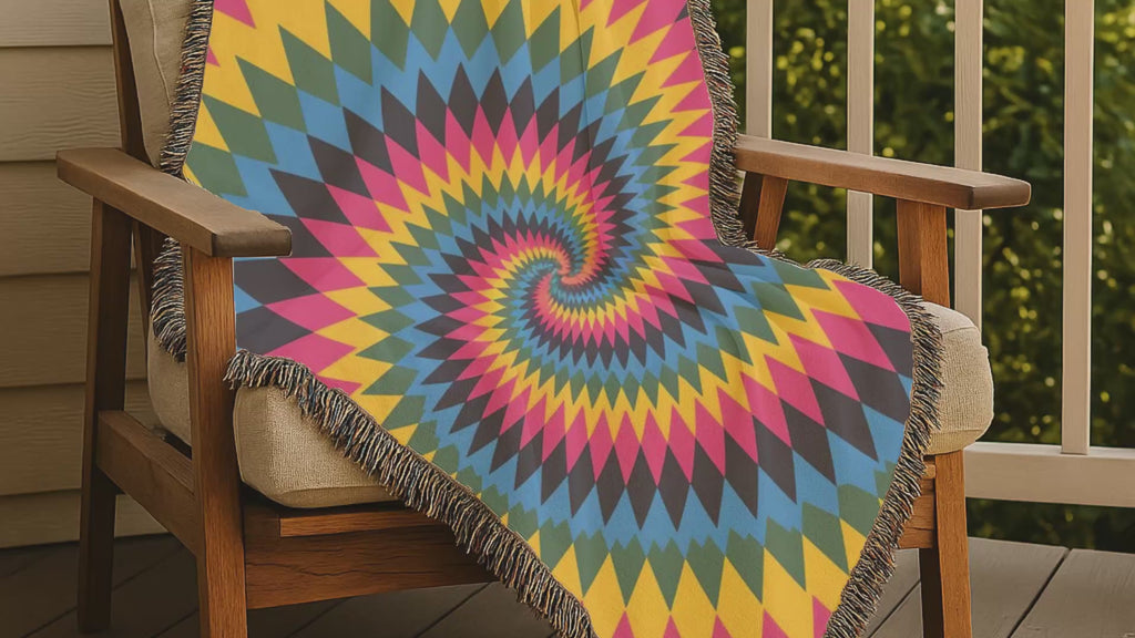 Spectrum Throw — 1990s Rainbow Spiral Woven Blanket