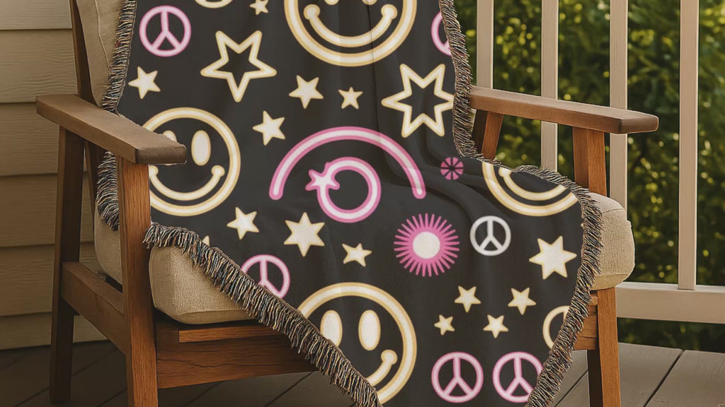 Happy Daze Throw — 1990s Smiley Face & Peace Woven Blanket