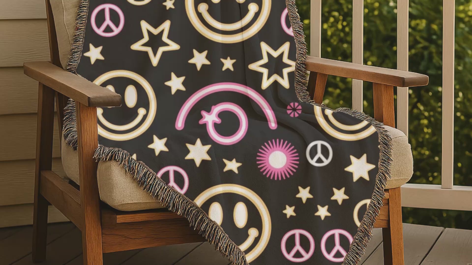 Happy Daze Throw — 1990s Smiley Face & Peace Woven Blanket