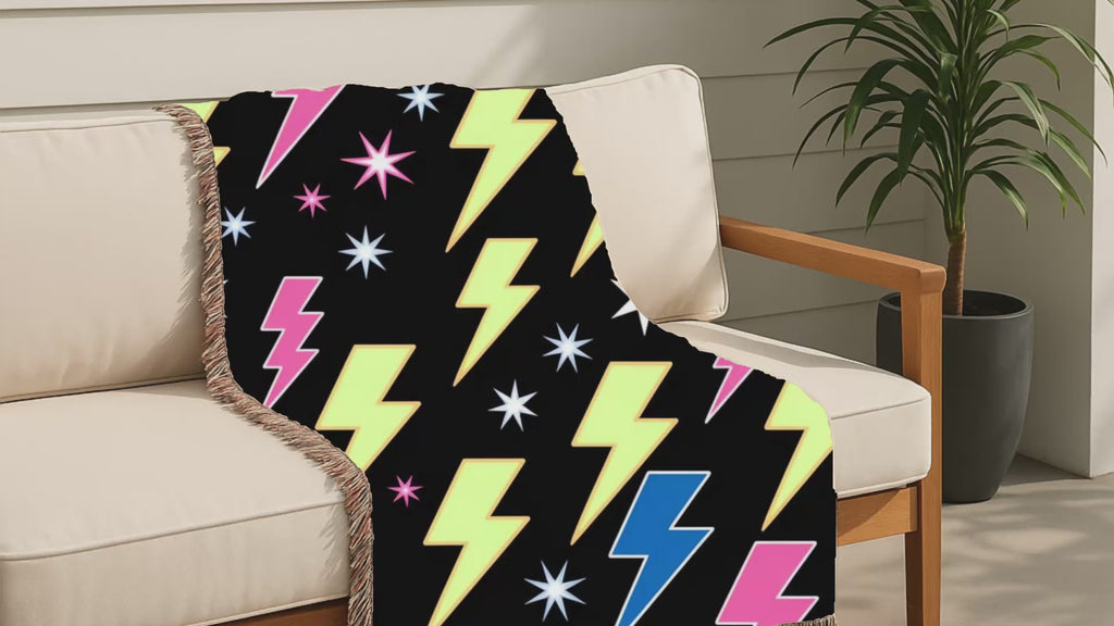 Lightning Strike Throw — 1980s Neon Bolt Woven Blanket