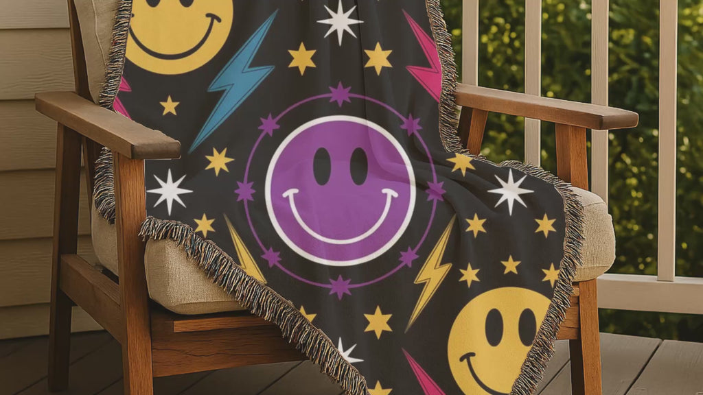 Bolts & Smiles Throw — 1990s Smiley & Lightning Woven Blanket